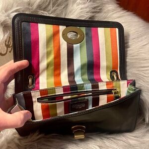 Coach Black Leather Turnlock bag with Striped Interior
